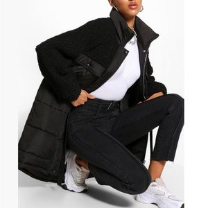 Boohoo TEDDY FAUX FUR MIX LONGLINE BELTED PUFFER JACKET